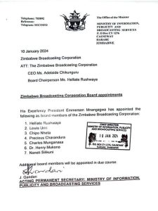 Munangawa selects new ZBC Board